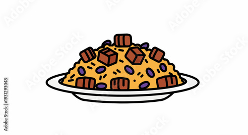 Vibrant Graphic Icon of a Delicious Meal, Showcasing a Plate Filled with Steaming Rice, Wholesome Beans, and Chunky Savory Pieces, Ready for Design