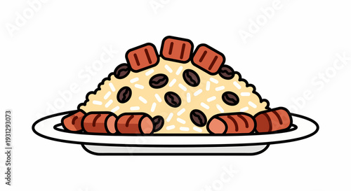 Stylized graphic of a rice dish on a white plate, with fluffy grains, golden fried plantain, and dark beans. Ideal for menu and culinary visuals
