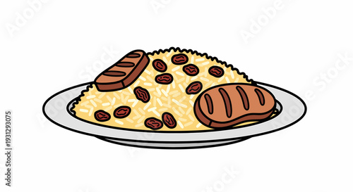 Delicious plate of rice with grilled meat and raisins, a perfect representation of a hearty and satisfying meal
