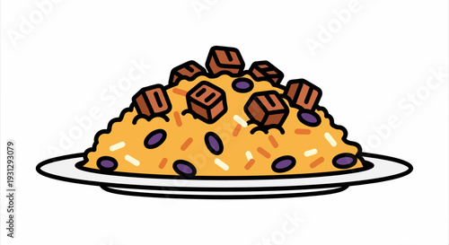 A delicious plate of Mexican food with rice and beans, topped with succulent cubes of seasoned meat