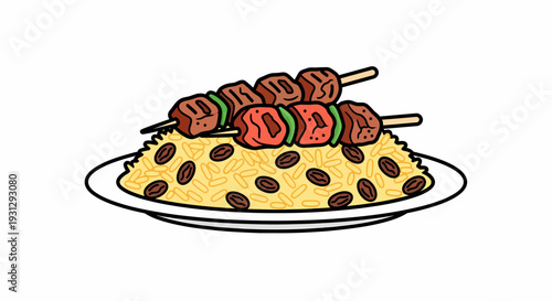 Delicious grilled meat skewers served on a bed of fluffy rice and raisins, a delightful meal for any occasion