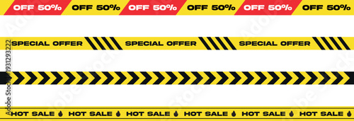 Set of sale ribbons with 50 percent off, special offer, and hot sale text.