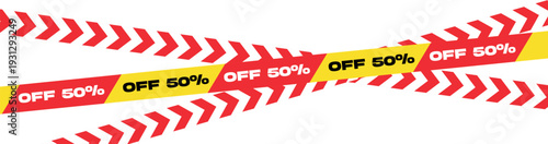 Off 50 percent discount banner with red and yellow crossing caution tapes.