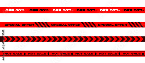 Bright red promotional tape collection with discount and sale labels