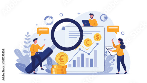 Team of experts using a giant magnifying glass to analyze financial data, charts, and euro coins on a large digital document.