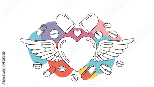 Healthcare illustration featuring a white winged heart surrounded by floating medicine capsules and tablets on abstract shapes.