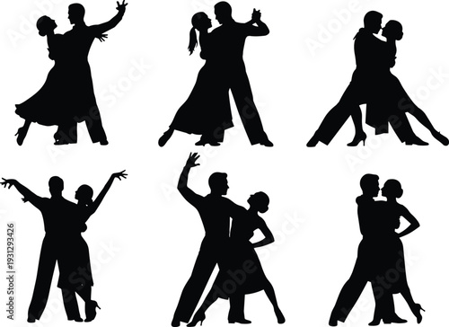 Elegant ballroom dancing couple silhouettes set isolated on white background, romantic partner dance vector illustration collection in various poses