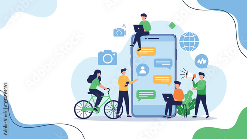 Active community members interacting with a giant smartphone for messaging, photography, music, and social media connectivity.