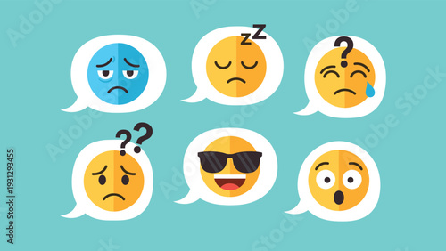 Collection of blue and yellow emoji faces in speech bubbles showing emotions from sadness and confusion to coolness and surprise.