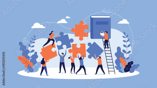 Collaborative team working together to assemble large puzzle pieces next to a giant blue book representing shared knowledge.