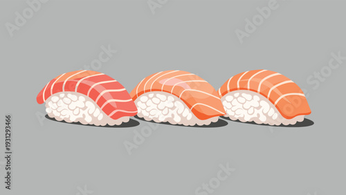 Trio of traditional japanese nigiri sushi topped with fresh salmon and tuna slices on a neutral gray background.