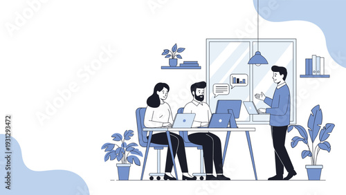 Focused business professionals working on laptops in a modern office environment with plants and a coworker giving instructions.