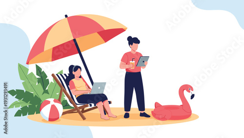 Freelancers enjoy working remotely on a tropical beach with laptops and digital tablets under a colorful sun umbrella.