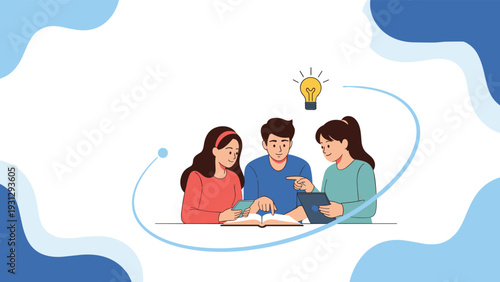 Diverse group of students collaborates on a learning project using a large book and tablet under a glowing lightbulb idea.