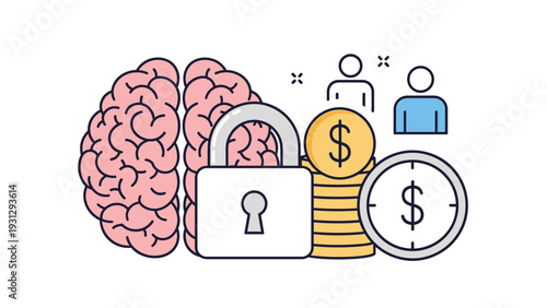 Secure intellectual property and cognitive assets represented by a brain protected by a padlock next to stacks of cash.