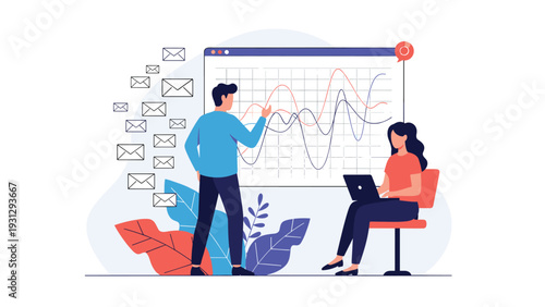 Digital marketing team analyzes data trends on a monitor surrounded by floating email envelopes to signify communication.