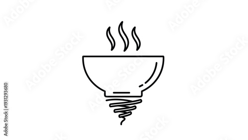 Minimalist outline of a hot bowl of food with rising steam trails and a decorative swirl at the base for culinary themes.