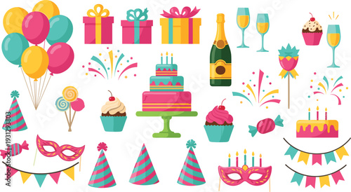 Colorful Birthday Party Celebration Vector Icon Set Featuring Tiered Cake, Cupcakes, Gift Boxes, Balloons, Party Hats, Champagne, and Decorative Banners