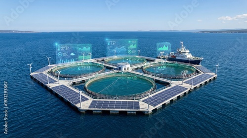 Floating solar-powered fish farm platform in the open sea with data holograms above the fish cages, showcasing modern aquaculture