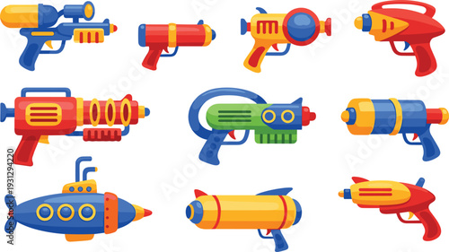 Colorful Toy Water Gun Vector Set Featuring Fun Plastic Squirt Guns and Submarine Designs for Summer Pool Party and Kids Outdoor Activity Graphics