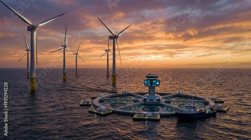 Offshore wind turbines powering a digitalized aquaculture hub at sunset, showcasing innovation and sustainability