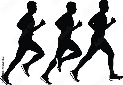 Running man silhouette set vector illustration male runner jogging sequence fitness sport motion isolated black figure active lifestyle dynamic movement collection