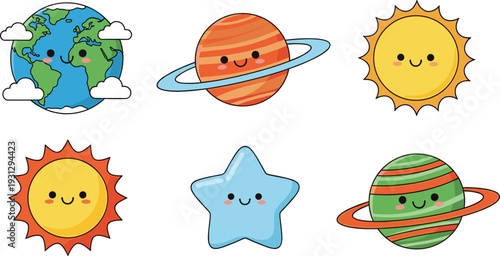 Cute Kawaii Space Vector Set Featuring Smiling Earth, Saturn, Sun, Star, and Planets with Friendly Cartoon Faces for Kids and Educational Designs