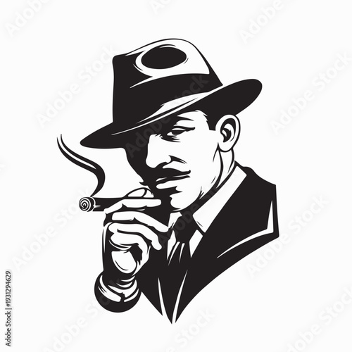 Mafia Smoking Cigar Silhouette Vector Logo Illustration Design Concept