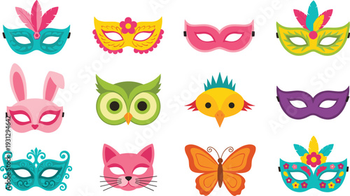 Festive Party Masks Vector Set Featuring Carnival Masquerade Masks with Feathers, Flowers, and Cute Animal Designs Like Bunny, Owl, Cat, and Butterfly