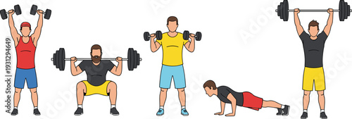 Fitness and Gym Workout Vector Set Featuring Men Performing Squats, Overhead Press, Dumbbell Exercises, and Pushups for Sports Coaching and Healthy Lifestyle Designs