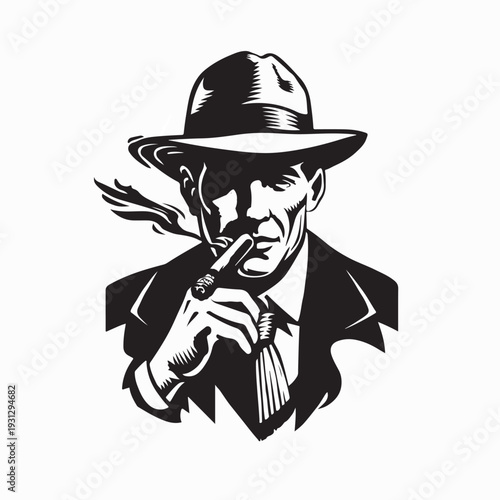 Mafia Smoking Cigar Silhouette Vector Logo Illustration Design Concept