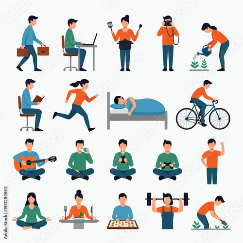Daily Life Elements: A vibrant illustration showcasing various aspects of daily human routines and activities.