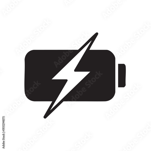 A black battery icon with a white lightning bolt symbol on it, representing energy and power, on a plain background, viewed from the front.