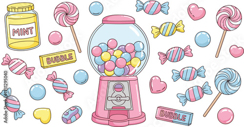 Pastel Candy and Sweets Vector Set Featuring Pink Gumball Machine, Lollipops, Hard Candies, Bubblegum, and Mint Jar in a Cute Cartoon Style