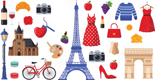 Paris France Travel Vector Icon Set Featuring Eiffel Tower, Arc de Triomphe, Notre Dame, Fashion, Wine, Macarons, and Cultural Symbols for Tourism and Vacation Designs