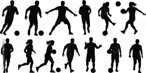 Soccer player silhouettes collection with men and women dribbling ball isolated on white background, football sport vector illustration set