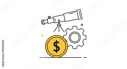 Financial foresight and strategic planning icon featuring a telescope, gold dollar coin, and large technical gear.