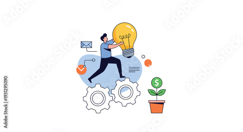 Strategic business growth and innovation concept showing person pushing lightbulb over gears near a money plant.