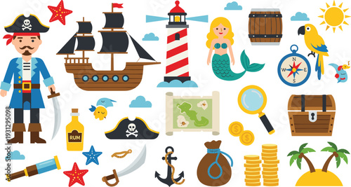 Pirate Adventure Vector Set Featuring Cartoon Pirate Character, Sailing Ship, Lighthouse, Mermaid, Treasure Chest, Gold Coins, and Nautical Elements in Flat Style