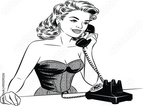 Vintage 1950s woman talking on rotary telephone, retro mid century lady sketch, classic communication vector illustration