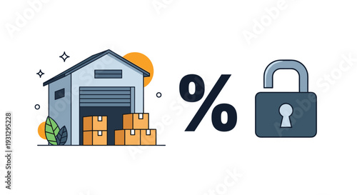 Warehouse storage and retail discount concept featuring logistics boxes, large percent sign, and an open padlock.