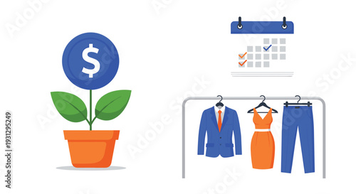 Fashion retail management and financial planning concept with a money plant, calendar, and professional clothes.