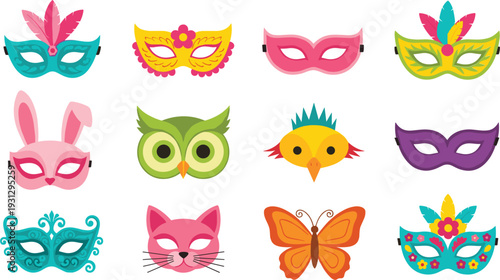 Festive Party Masks Vector Set Featuring Carnival Masquerade Masks with Feathers, Flowers, and Cute Animal Designs Like Bunny, Owl, Cat, and Butterfly