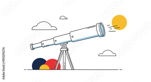 Long term vision and strategic observation concept with a telescope on a tripod looking at a bright sun icon.