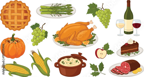 Traditional Thanksgiving Dinner Vector Set Featuring Roasted Turkey, Pumpkin Pie, Stuffed Squash, Corn, Grapes, Wine, and Festive Food Illustrations for Holiday Menu Designs