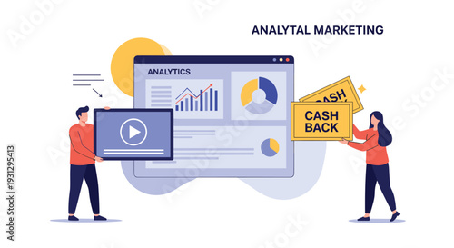 Analytical marketing and video promotion concept with people holding screens and golden cash back rewards.