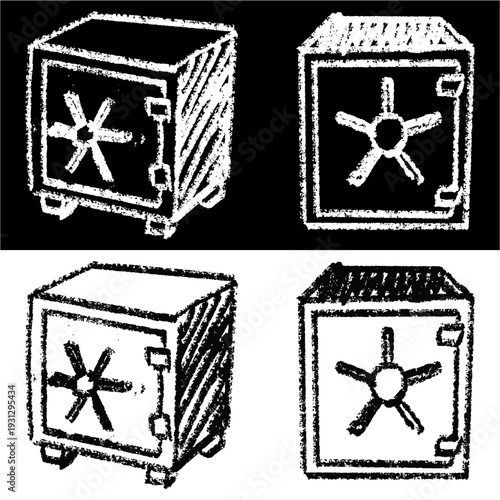 Set editable chalk drawing vault bank vector for economy classes. Ideal for symbolizing school finance lessons, vintage wealth security, and chalkboard savings.