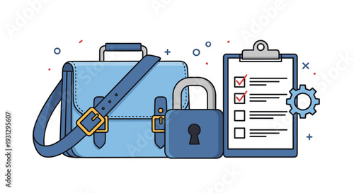 Business items including a blue briefcase, padlock, and a checklist with a gear icon representing tasks and security management.