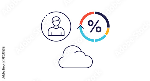 User data management featuring a profile icon, a cyclic percentage chart, and a cloud symbol representing analytics and storage services.