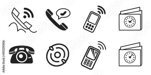 Assorted vintage and modern communication devices and symbols